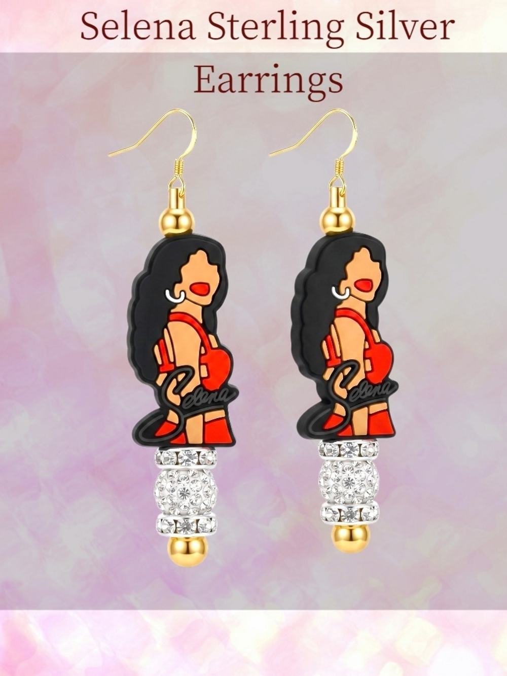 Selena Sterling Silver Red and Black Drop Rhinestone Earrings W/Gift Box - Picture 4 of 11